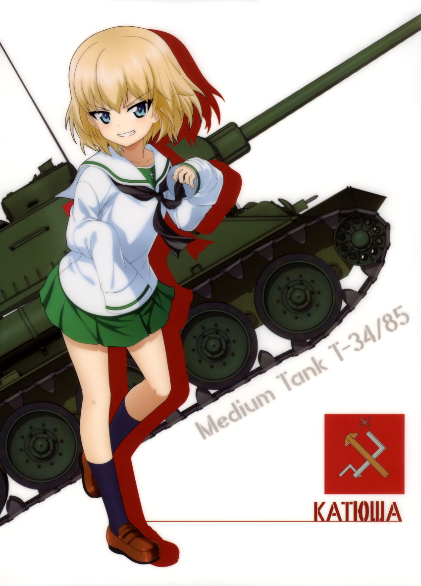 1girl absurdres black_neckwear blonde_hair blue_eyes blue_legwear brown_footwear character_name collarbone eyebrows_visible_through_hair girls_und_panzer grin ground_vehicle hair_between_eyes head_tilt highres katyusha loafers looking_at_viewer military military_vehicle miniskirt motor_vehicle neckerchief one_leg_raised ooarai_school_uniform oversized_clothes pleated_skirt shirt shoes short_hair skirt smile solo standing standing_on_one_leg t-34 tank uniform white_background white_shirt