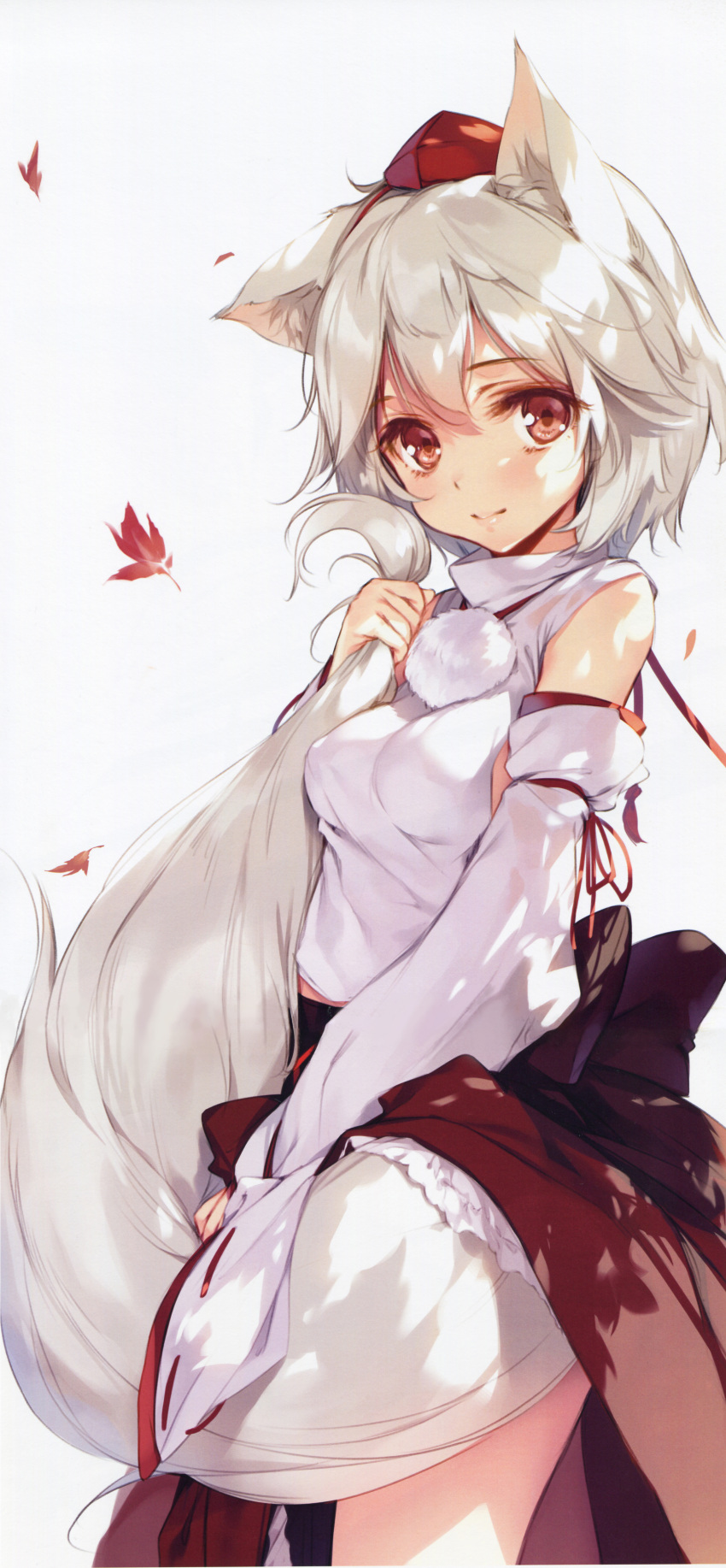 1girl absurdres animal_ears blush detached_sleeves hat highres holding_own_tail hug inubashiri_momiji japanese_clothes ke-ta leaf long_sleeves looking_at_viewer maple_leaf pom_pom_(clothes) red_eyes sample scan shirt short_hair silver_hair skirt smile solo string tail tail_hug tokin_hat touhou turtleneck wide_sleeves wolf_ears wolf_tail