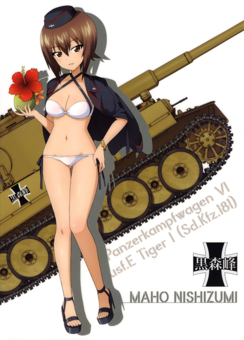 1girl absurdres bangs bikini black_hat black_jacket blunt_bangs breasts brown_eyes brown_hair character_name cleavage collarbone eyebrows_visible_through_hair flower girls_und_panzer groin ground_vehicle hair_between_eyes hand_on_hip hat hibiscus high_heels highres holding jacket looking_at_viewer medium_breasts military military_hat military_vehicle motor_vehicle nishizumi_maho open_clothes open_jacket red_flower short_hair side-tie_bikini smile solo standing swimsuit tank tiger_i white_background white_bikini