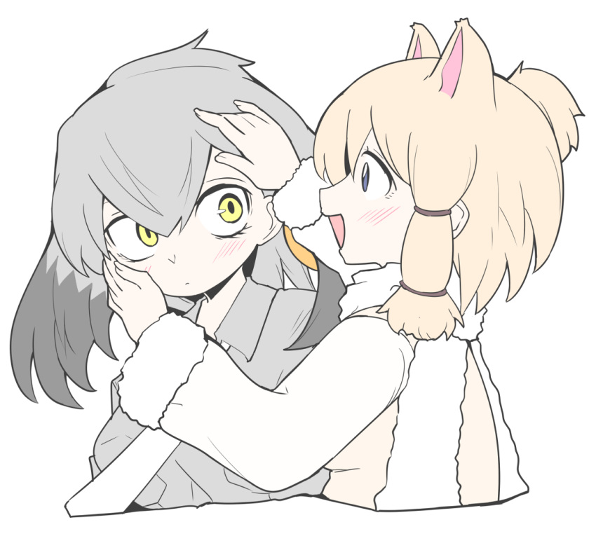 2girls :d alpaca_ears alpaca_suri_(kemono_friends) animal_ears black_hair blonde_hair blue_eyes blush breast_pocket closed_mouth collared_shirt extra_ears eye_contact fur-trimmed_sleeves fur_scarf fur_trim grey_hair grey_shirt hair_between_eyes hand_on_another's_cheek hand_on_another's_face hands_up kemono_friends ko1mitaka long_hair long_sleeves looking_at_another medium_hair multicolored_hair multiple_girls necktie open_mouth orange_hair pocket scarf shirt shoebill_(kemono_friends) simple_background smile sweater upper_body white_background white_neckwear yellow_eyes