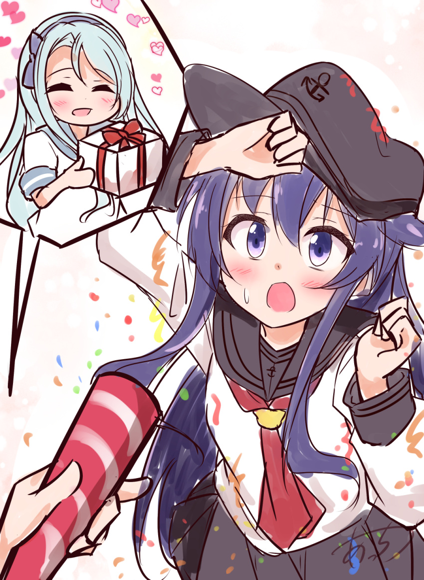 2girls ^_^ acchii_(akina) akatsuki_(kantai_collection) anchor_symbol bangs blue_bow blue_hairband blush bow closed_eyes commentary_request flat_cap grey_hair hair_between_eyes hairband hat highres kantai_collection long_hair messy_hair multiple_girls open_mouth pleated_skirt purple_hair sagiri_(kantai_collection) sailor_collar school_uniform serafuku short_sleeves skirt surprised sweatdrop swept_bangs violet_eyes wide-eyed