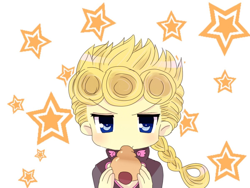 1boy blonde_hair blue_eyes braid chocolate_cornet curly_hair eating food giorno_giovanna jojo_no_kimyou_na_bouken long_hair lucky_star male_focus narutantan solo star vento_aureo