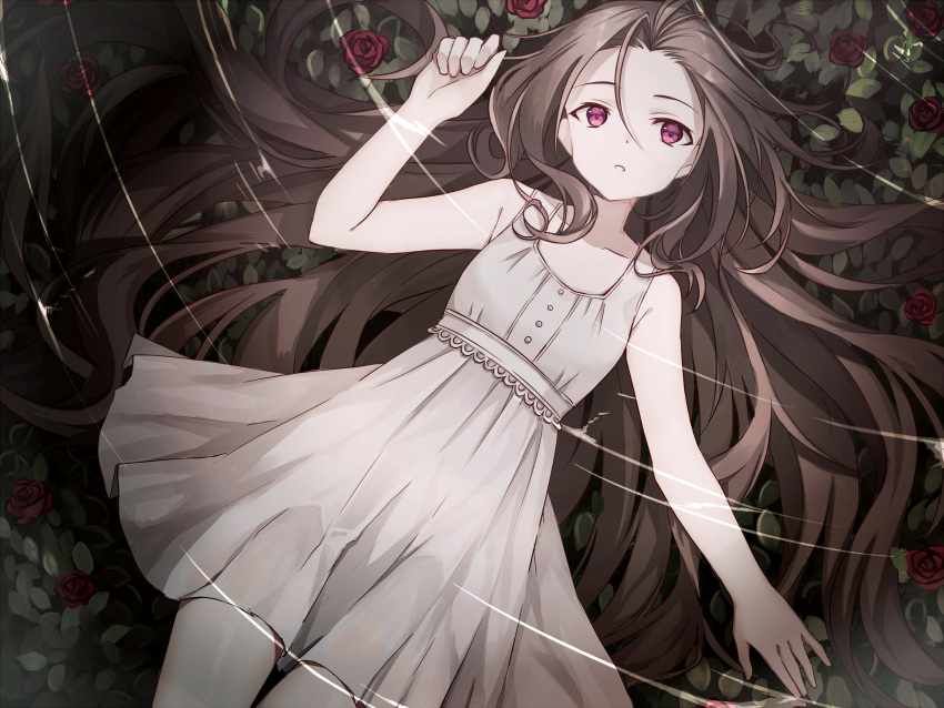 1girl :o akami_fumio bare_arms brown_hair cowboy_shot dress dutch_angle expressionless flower highres long_hair looking_up lying on_back open_mouth original pink_eyes plant red_flower red_rose rose sleeveless sleeveless_dress solo_focus very_long_hair white_dress