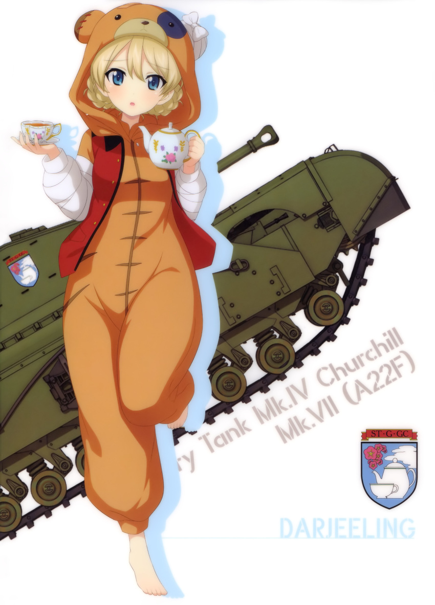 1girl absurdres animal_costume animal_hood barefoot blonde_hair blue_eyes character_name churchill_(tank) cup darjeeling girls_und_panzer ground_vehicle highres holding hood looking_at_viewer military military_vehicle motor_vehicle one_leg_raised short_hair solo standing standing_on_one_leg tank teacup tied_hair white_background