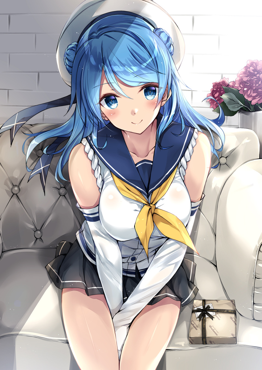 1girl bangs bare_arms bare_shoulders beret between_legs blue_eyes blue_hair blush breasts brick_wall closed_mouth collarbone couch double_bun elbow_gloves eyebrows_visible_through_hair flower from_above gift gloves grey_skirt hand_between_legs hat highres kantai_collection kobayashi_chisato large_breasts long_hair looking_at_viewer looking_up miniskirt on_couch pleated_skirt sailor_collar sailor_hat school_uniform serafuku sitting skirt smile solo striped striped_skirt swept_bangs thighs urakaze_(kantai_collection) white_gloves white_hat