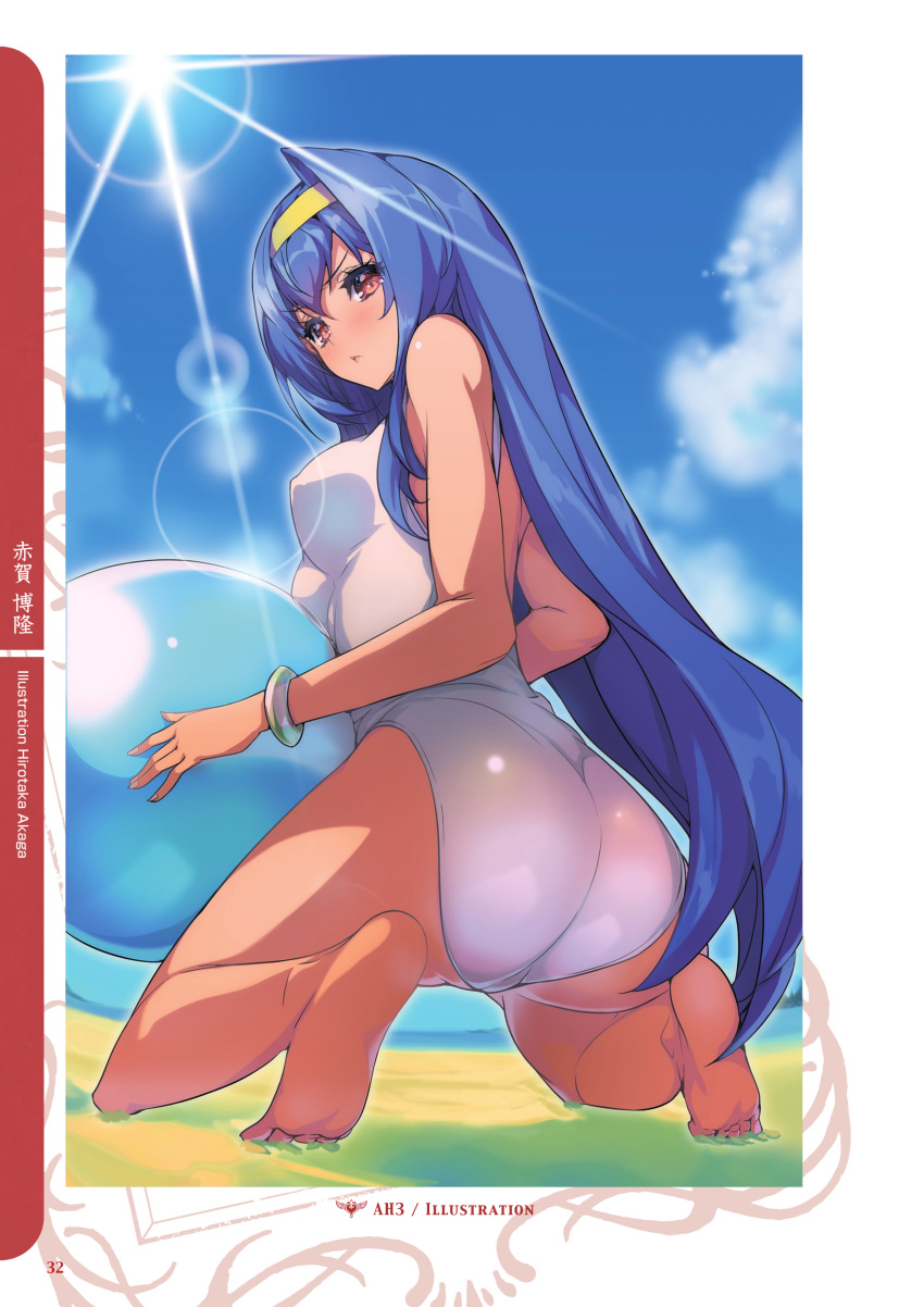 1girl absurdres akaga_hirotaka arcana_heart arcana_heart_3 artist_name ass ball bangs bare_legs bare_shoulders barefoot beach beachball blue_eyes blue_sky blush bracelet breasts closed_mouth clouds cloudy_sky day dutch_angle eyebrows_visible_through_hair fingernails from_behind full_body hairband highres holding jewelry kneeling long_hair looking_at_viewer looking_back medium_breasts ocean official_art outdoors page_number red_eyes sand scan shiny shiny_skin sky sunlight swimsuit tsuzura_saki water white_swimsuit