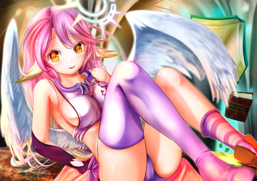 1girl angel_wings blush book breasts commentary_request crop_top cross feathered_wings gloves gradient_hair halo jibril_(no_game_no_life) large_breasts long_hair low_wings magic_circle midriff mismatched_legwear multicolored_hair no_game_no_life open_mouth pink_hair shoes sideboob single_shoe smile solo symbol-shaped_pupils tattoo tawawa_(kakeibo7ykwety) very_long_hair white_wings wing_ears wings yellow_eyes