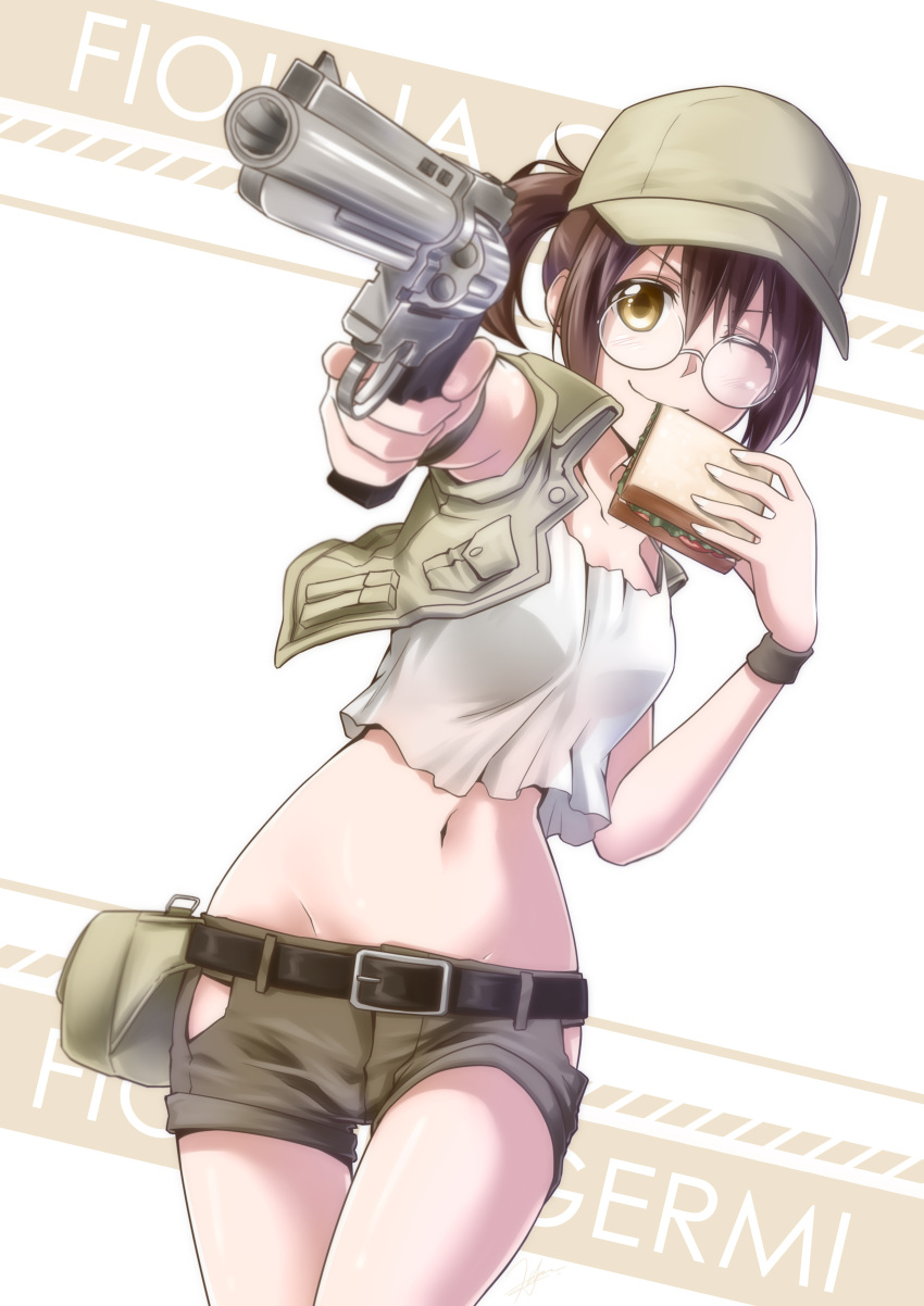 1girl absurdres artist_request baseball_cap belt breasts brown_eyes brown_hair character_name fio_germi food glasses gun hat highres metal_slug midriff military navel one_eye_closed ponytail sandwich short_shorts shorts solo tank_top vest weapon