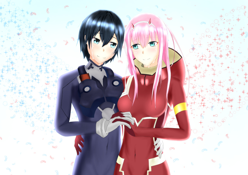 1boy 1girl absurdres black_bodysuit black_hair blue_eyes bodysuit breasts commentary_request couple crying crying_with_eyes_open darling_in_the_franxx eyes_visible_through_hair fringe gloves green_eyes hair_ornament hairband hand_holding hand_on_another's_waist highres hiro_(darling_in_the_franxx) horns large_breasts long_hair looking_at_another masamune_tokunaga oni_horns pilot_suit pink_hair red_bodysuit red_gloves red_horns short_hair tears white_gloves white_hairband zero_two_(darling_in_the_franxx)