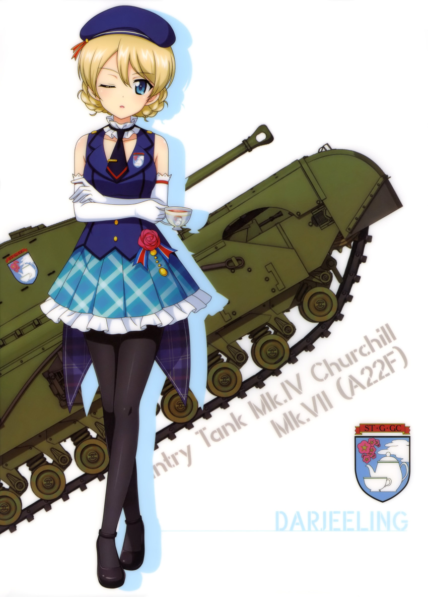 1girl absurdres black_footwear black_legwear black_neckwear blonde_hair blue_eyes blue_hat blue_skirt character_name churchill_(tank) crossed_arms darjeeling elbow_gloves flower frilled_skirt frills full_body girls_und_panzer gloves ground_vehicle hat highres long_hair military military_vehicle miniskirt motor_vehicle necktie one_eye_closed pantyhose pleated_skirt red_flower skirt solo standing tank tied_hair white_background white_gloves