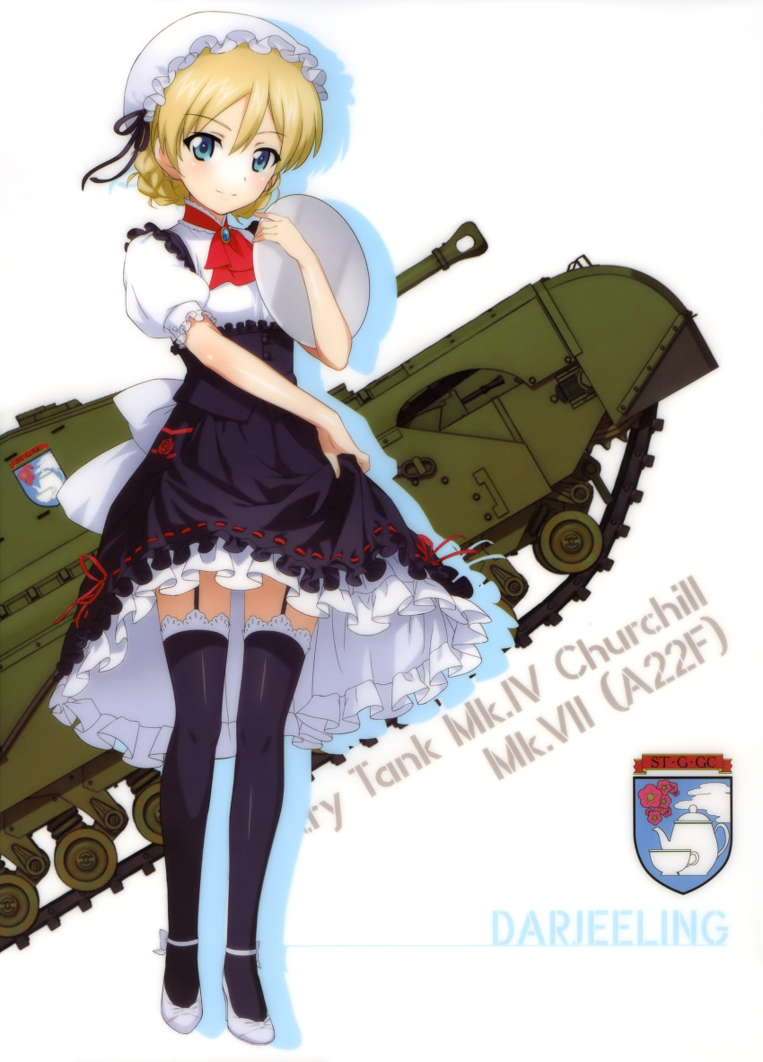 1girl absurdres back_bow black_legwear black_ribbon black_skirt blonde_hair blue_eyes bow character_name churchill_(tank) darjeeling full_body garter_straps girls_und_panzer ground_vehicle hair_ribbon highres long_hair maid military military_vehicle motor_vehicle pumps red_neckwear ribbon ribbon-trimmed_skirt ribbon_trim short_hair short_sleeves simple_background skirt skirt_hold smile solo standing tank thigh-highs tied_hair white_background white_bow white_footwear