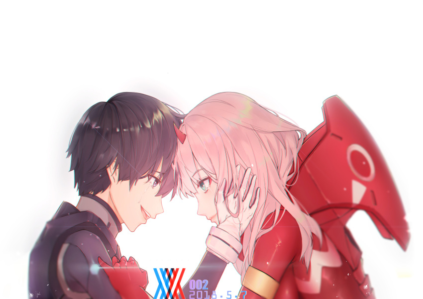 1boy 1girl absurdres black_bodysuit black_hair blue_eyes bodysuit commentary_request couple darling_in_the_franxx eyebrows_visible_through_hair forehead-to-forehead fringe gloves green_eyes hand_on_another's_face hetero highres hiro_(darling_in_the_franxx) horns koi_han long_hair looking_at_another oni_horns pilot_suit pink_hair red_bodysuit red_gloves red_horns short_hair zero_two_(darling_in_the_franxx)