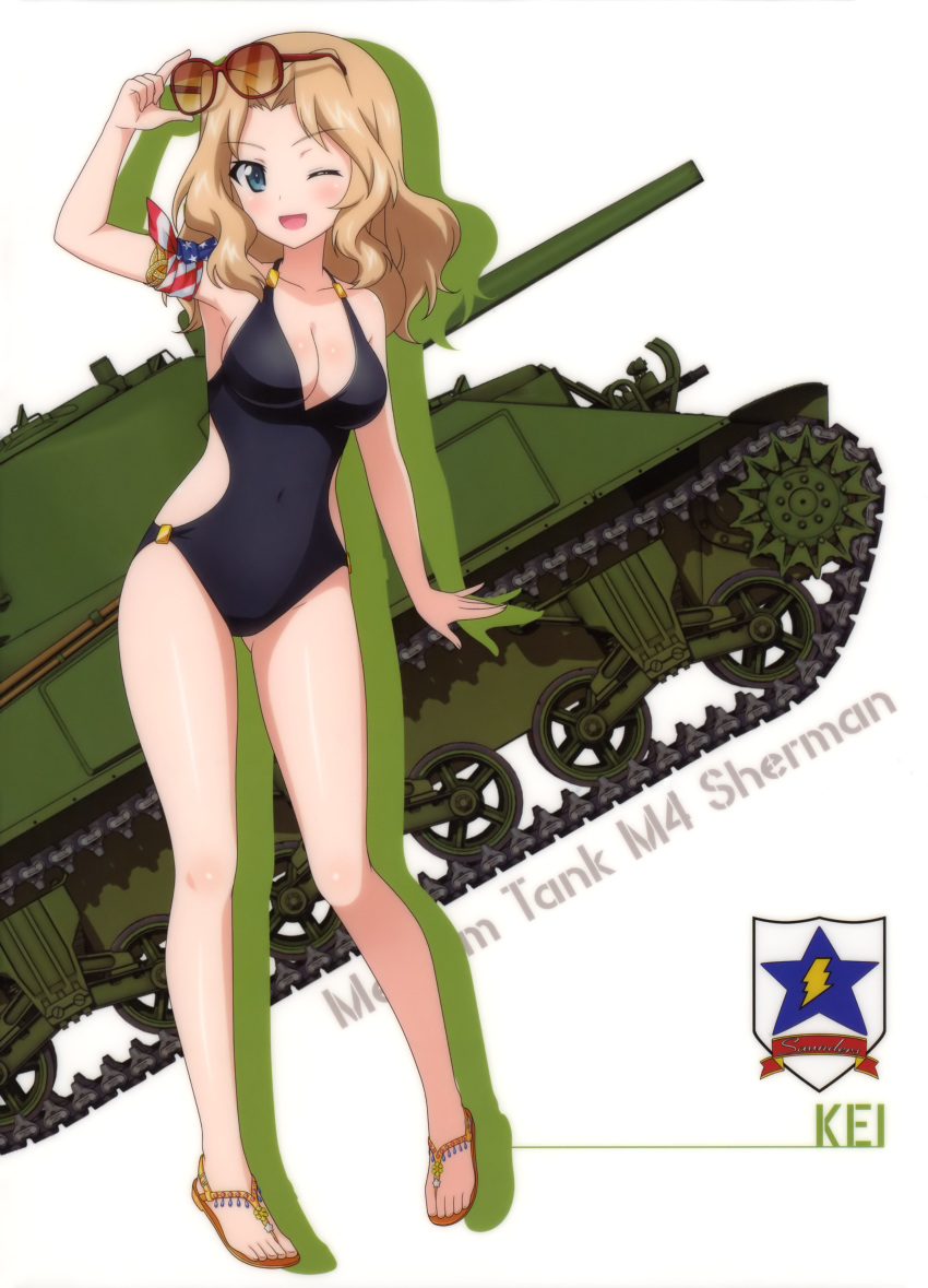 1girl ;d absurdres american_flag arm_ribbon black_swimsuit blue_eyes breasts casual cleavage collarbone covered_navel eyebrows_visible_through_hair full_body girls_und_panzer ground_vehicle highres holding_eyewear kay_(girls_und_panzer) light_brown_hair long_hair m4_sherman medium_breasts military military_vehicle motor_vehicle one_eye_closed open_mouth ribbon sideboob smile solo standing sunglasses swimsuit tank white_background