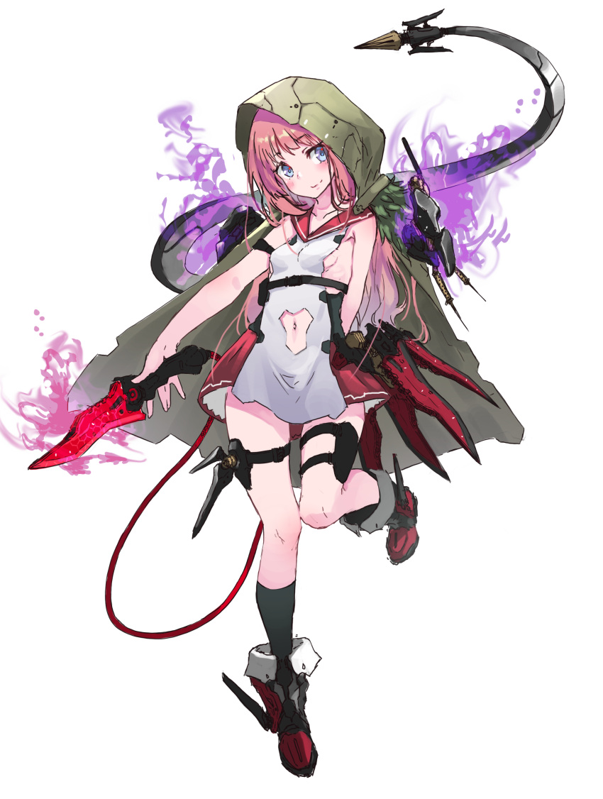 1girl absurdres arm_behind_back aura black_legwear blush breasts commentary_request full_body highres hooded_cape knife long_hair looking_at_viewer navel navel_cutout oota_youjo original pink_hair sideboob small_breasts smile solo standing standing_on_one_leg thigh_strap transparent_background