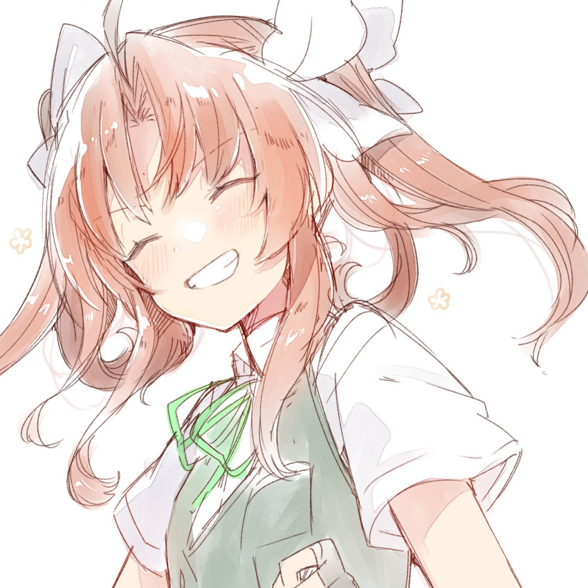 1girl bangs brown_hair closed_eyes collared_shirt green_ribbon grin hair_over_shoulder highres kagerou_(kantai_collection) kantai_collection long_hair neck_ribbon parted_bangs ribbon school_uniform shirt sidelocks simple_background smile solo takeshima_(nia) teeth twintails upper_body vest white_background white_ribbon white_shirt