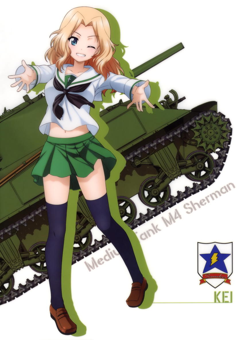 1girl absurdres black_neckwear blonde_hair blue_eyes blue_legwear brown_footwear character_name collarbone full_body girls_und_panzer grin ground_vehicle highres kay_(girls_und_panzer) loafers long_hair m4_sherman midriff military military_vehicle miniskirt motor_vehicle navel one_eye_closed ooarai_school_uniform outstretched_arms pleated_skirt school_uniform serafuku shirt shoes skirt smile solo standing stomach tank thigh-highs uniform white_background white_shirt zettai_ryouiki