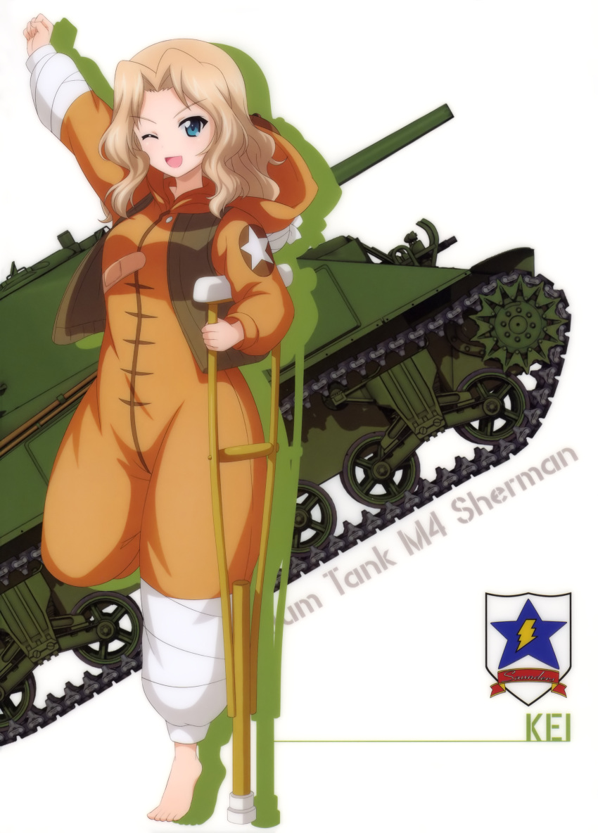 1girl ;d absurdres animal_costume arm_up bandage barefoot blonde_hair blue_eyes character_name girls_und_panzer ground_vehicle highres kay_(girls_und_panzer) long_hair m4_sherman military military_vehicle motor_vehicle one_eye_closed one_leg_raised open_mouth smile solo standing standing_on_one_leg tank white_background