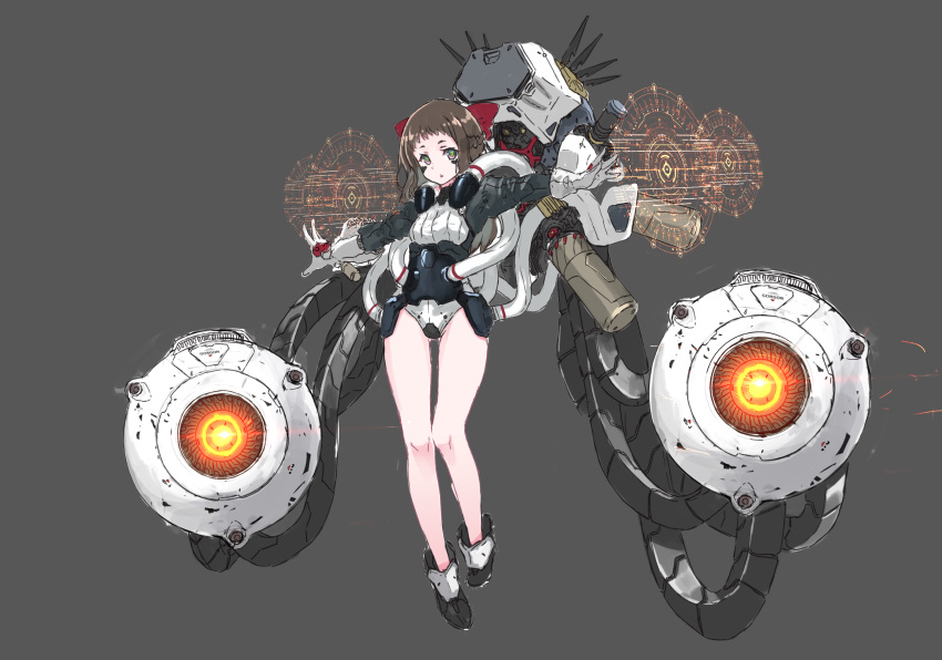 1girl ass_visible_through_thighs bare_legs bow brown_hair commentary_request full_body gloves glowing green_eyes grey_background hair_bow highres holographic_interface long_hair looking_at_viewer mecha_musume oota_youjo original outstretched_arms parted_lips simple_background solo spread_arms standing white_gloves