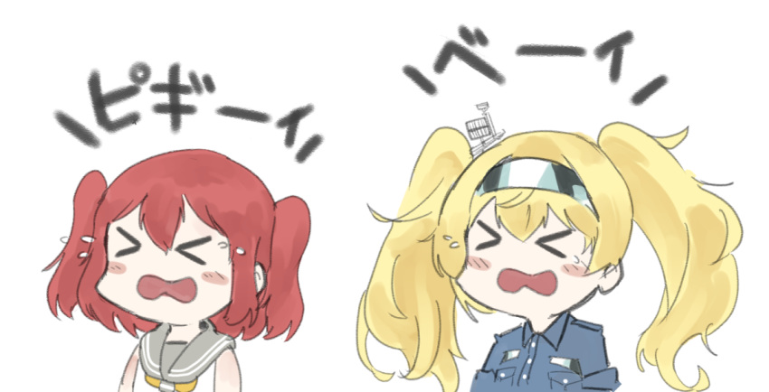 &gt;_&lt; 2girls blonde_hair blue_shirt blush_stickers breast_pocket chibi collared_shirt gambier_bay_(kantai_collection) hairband kantai_collection kurosawa_ruby love_live! love_live!_sunshine!! multiple_girls open_mouth pocket rd_(ard_kc) redhead shirt simple_background sleeveless sleeveless_shirt tears translation_request twintails two_side_up uranohoshi_school_uniform white_background