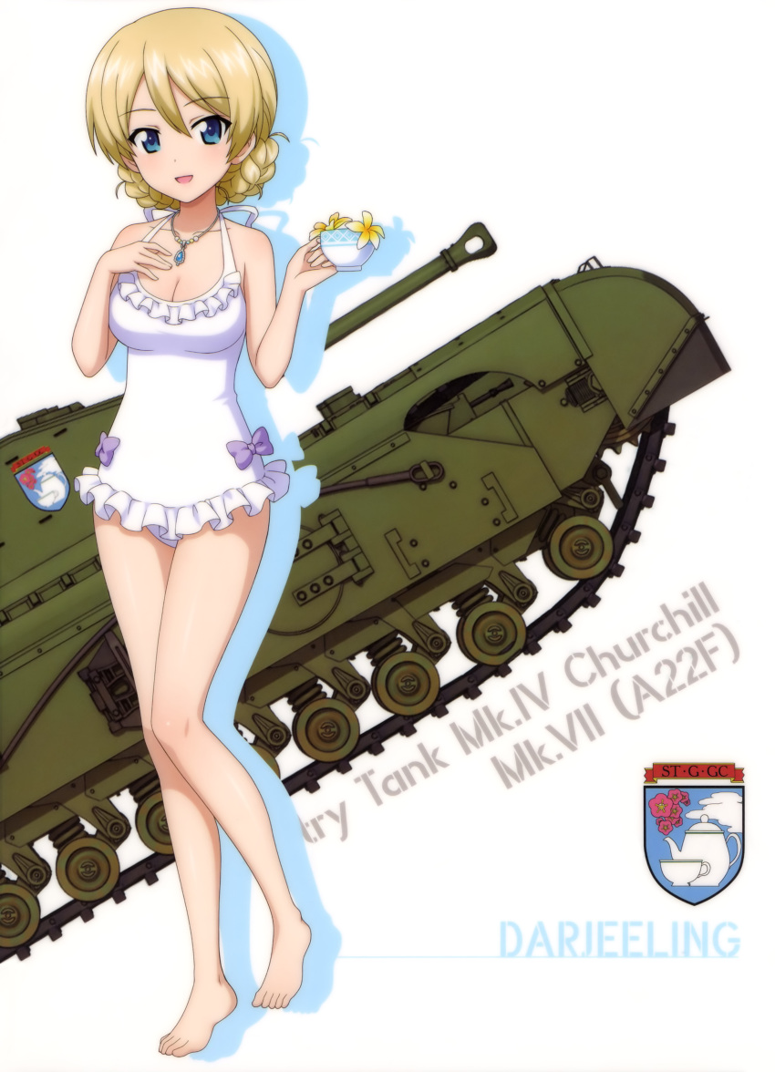 1girl :d absurdres bangs barefoot blonde_hair blue_eyes bow breasts casual_one-piece_swimsuit character_name churchill_(tank) cleavage collarbone cup darjeeling eyebrows_visible_through_hair flower frilled_swimsuit frills girls_und_panzer ground_vehicle hair_between_eyes highres holding jewelry long_hair medium_breasts military military_vehicle motor_vehicle necklace one-piece_swimsuit open_mouth purple_bow short_hair smile solo swept_bangs swimsuit tank teacup tied_hair white_background white_flower white_swimsuit