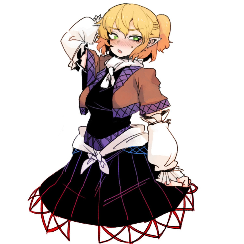 1girl blush detached_sleeves green_eyes highres mizuhashi_parsee no_legs pigeoncrow pointy_ears scratching_head short_hair solo touhou