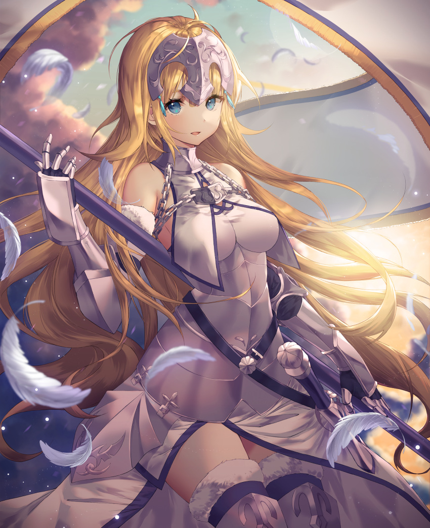 1girl :d absurdres armor armored_boots armored_dress banner blonde_hair blue_eyes blue_legwear blue_sky boots breasts breasts_apart chains clouds day dress fate/apocrypha fate_(series) floating_hair fur_trim highres holding holding_weapon jeanne_d'arc_(fate) jeanne_d'arc_(fate)_(all) kinty long_hair looking_at_viewer open_mouth outdoors sheath sheathed sky sleeveless sleeveless_dress smile solo sword thigh-highs very_long_hair weapon white_dress white_feathers