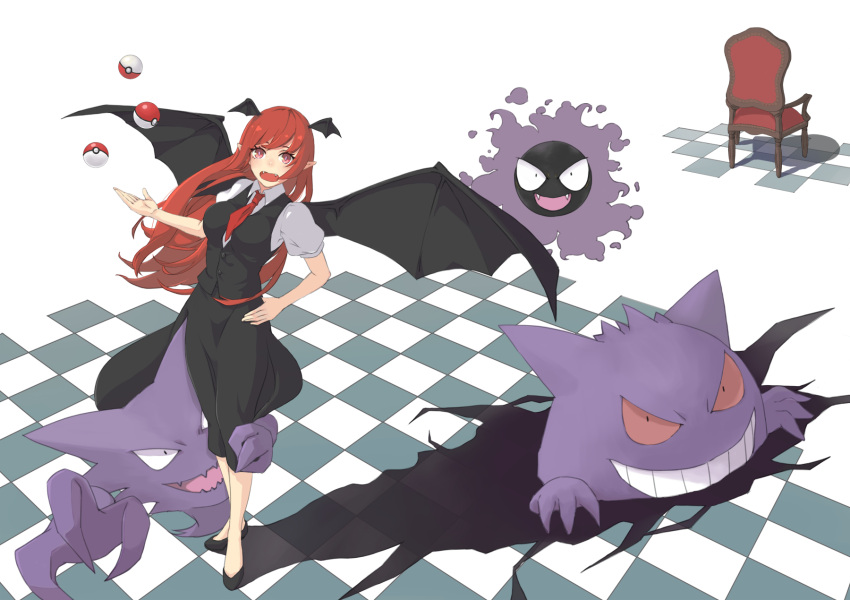 1girl bangs bare_arms bat_wings black_footwear black_skirt black_vest black_wings bright_pupils buttons chair checkered checkered_floor collared_shirt crossover demon_girl eyebrows eyelashes fangs full_body gastly gen_1_pokemon gengar hand_on_hip haunter head_wings highres koakuma long_hair looking_at_viewer necktie open_mouth pink_eyes pink_pupils pointy_ears poke_ball poke_ball_(generic) pokemon pokemon_(creature) red_neckwear redhead shadow shirt shoes skirt skirt_set solo standing tongue touhou ueno_(sakumogu-029) vest white_shirt wings