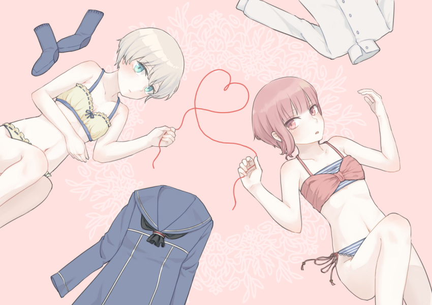 2girls ascot bare_arms bare_shoulders black_neckwear blue_dress blue_eyes blue_legwear blue_sailor_collar bra breasts buttons cleavage closed_mouth clothes collarbone dress eyebrows eyebrows_visible_through_hair heart heart_of_string horizontal_stripes kantai_collection leg_up legs_up long_sleeves lying midriff multiple_girls navel on_back open_mouth panties pink_background pink_eyes pink_hair ribbon-trimmed_bra ribbon-trimmed_clothes ribbon-trimmed_panties ribbon_trim sailor_collar sailor_dress shirt short_hair silver_hair small_breasts socks stomach striped striped_panties ueno_(sakumogu-029) underwear white_shirt yellow_bra yellow_panties z1_leberecht_maass_(kantai_collection) z3_max_schultz_(kantai_collection)