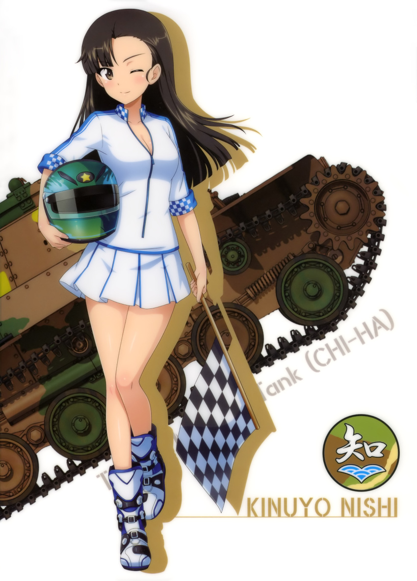 1girl ;) absurdres asymmetrical_bangs bangs black_hair boots breasts brown_eyes character_name checkered checkered_flag cleavage flag floating_hair girls_und_panzer helmet highres holding holding_flag holding_helmet long_hair looking_at_viewer medium_breasts miniskirt nishi_kinuyo one_eye_closed one_leg_raised partially_unzipped pleated_skirt skirt smile solo standing standing_on_one_leg white_background white_skirt