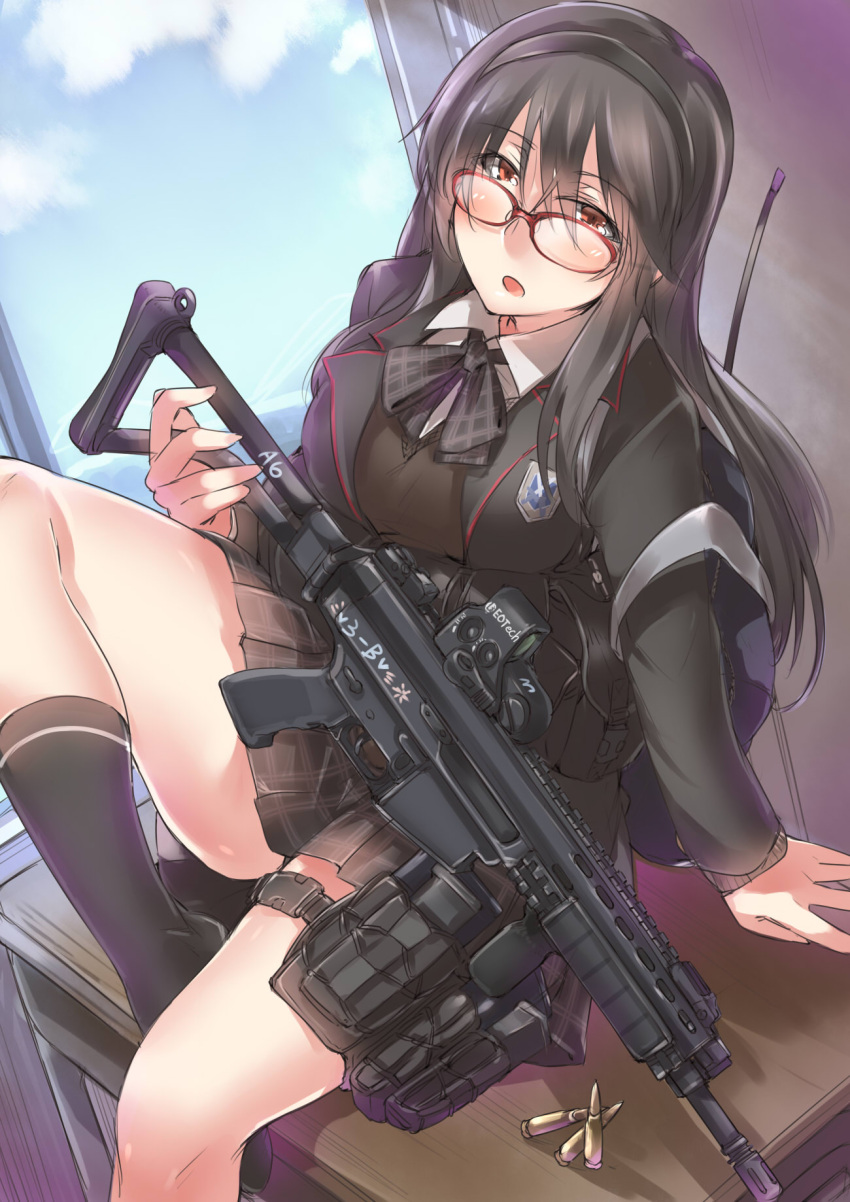 1girl ayyh bag black_hair cartridge desk glasses gun hairband highres hk433 leg_up long_hair on_desk orange_eyes original red-framed_eyewear school_bag school_desk school_uniform sitting sitting_on_desk solo weapon