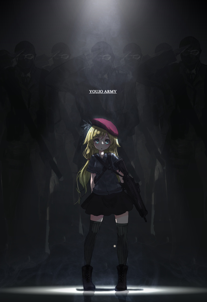 1girl 6+boys absurdres beret blonde_hair blue_eyes blush boots commentary_request full_body gun hat highres holding holding_gun holding_weapon long_hair looking_at_viewer mask military multiple_boys oota_youjo original parted_lips salute standing thigh-highs weapon weapon_request zettai_ryouiki