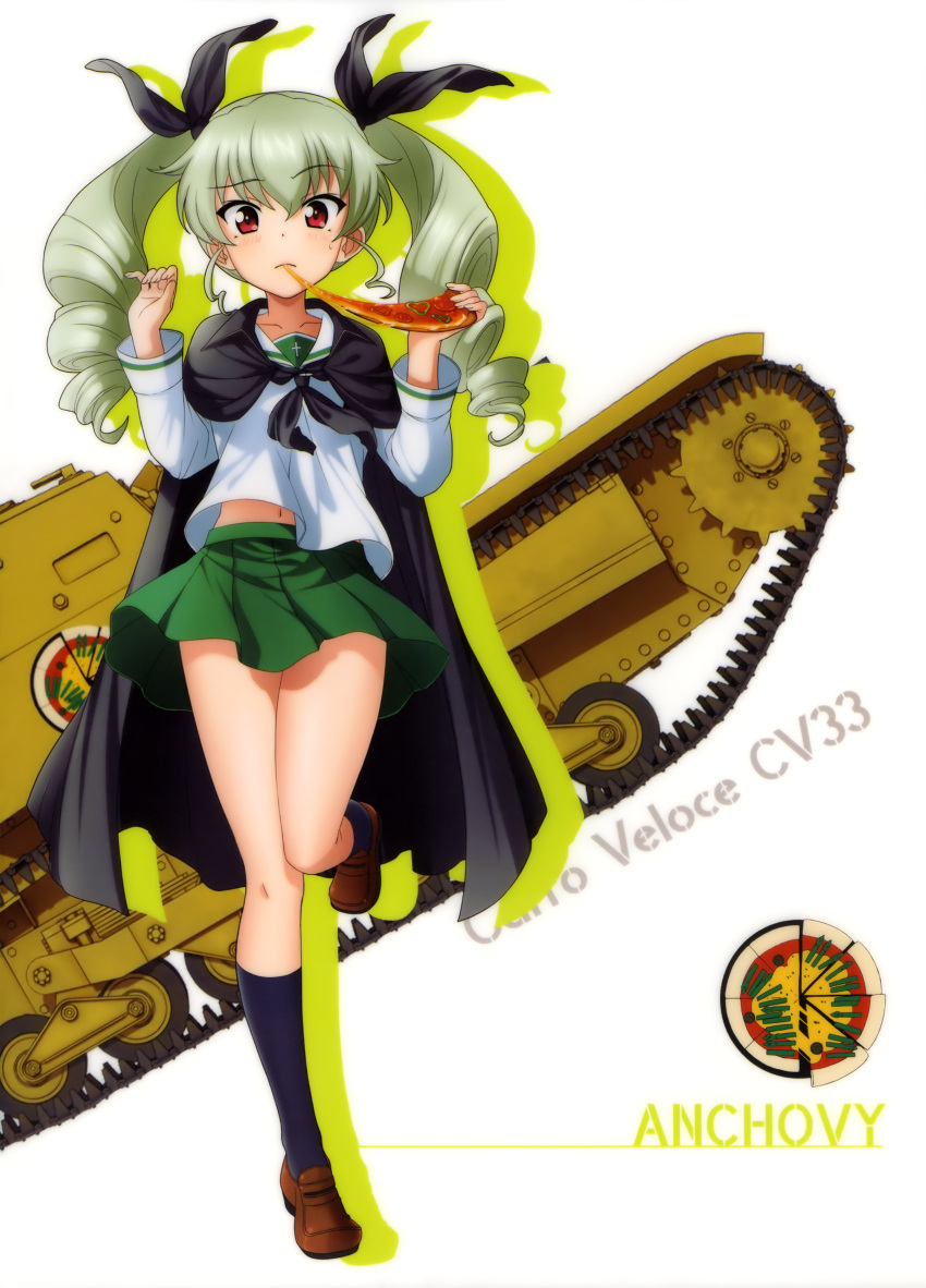 1girl absurdres anchovy bangs black_cloak black_ribbon blue_legwear brown_footwear carro_veloce_cv-33 character_name drill_hair eating eyebrows_visible_through_hair food girls_und_panzer green_hair ground_vehicle hair_between_eyes hair_ribbon highres holding holding_food kneehighs loafers long_hair looking_at_viewer midriff military military_vehicle miniskirt motor_vehicle navel ooarai_school_uniform pizza pleated_skirt red_eyes ribbon shirt shoes simple_background skirt solo stomach tank twin_drills twintails uniform very_long_hair white_background white_shirt