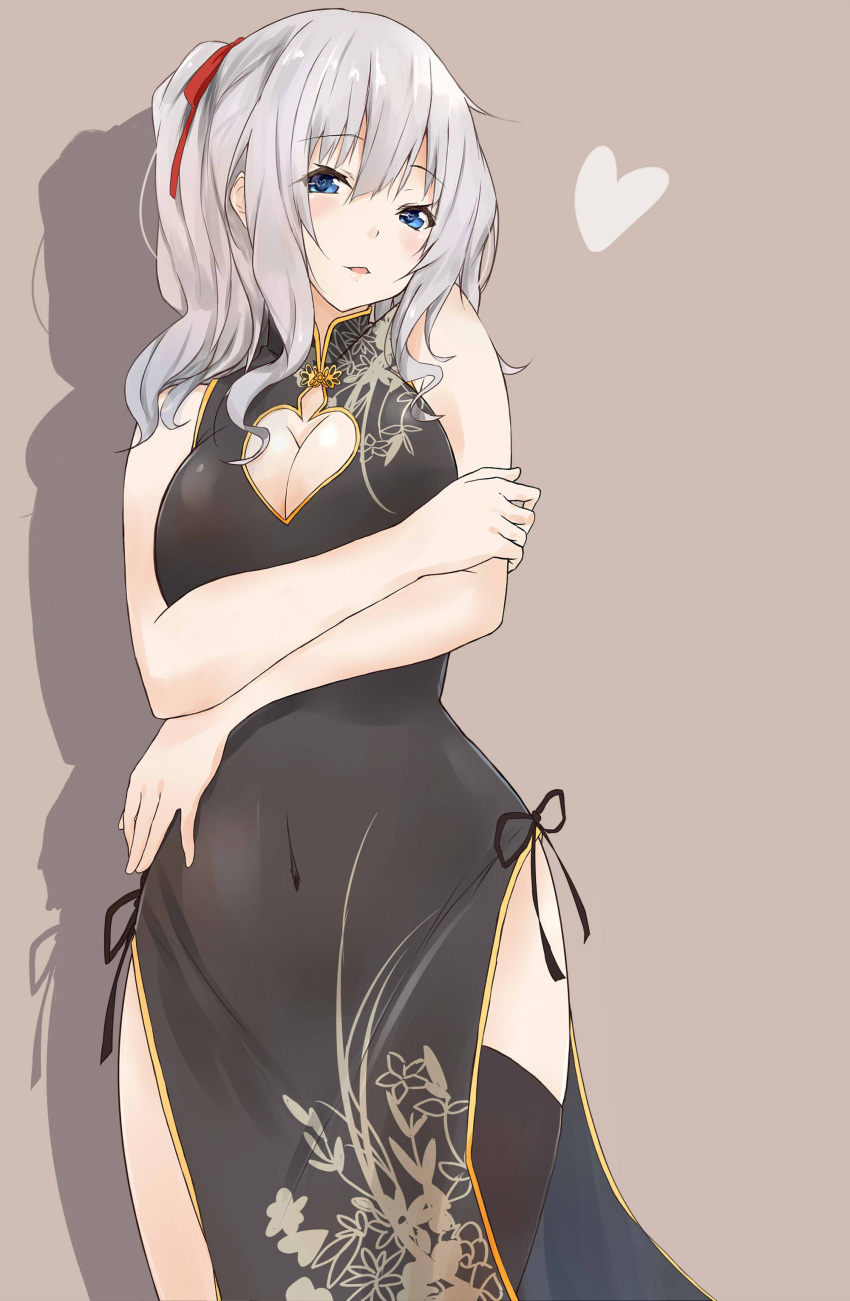 1girl absurdres alternate_costume black_dress black_legwear blue_eyes breasts brown_background china_dress chinese_clothes cleavage_cutout commentary_request dress hair_between_eyes heart heart-shaped_pupils highres kantai_collection kashima_(kantai_collection) large_breasts long_hair no_hat no_headwear open_mouth saku_(kudrove) shadow silver_hair simple_background solo symbol-shaped_pupils two_side_up