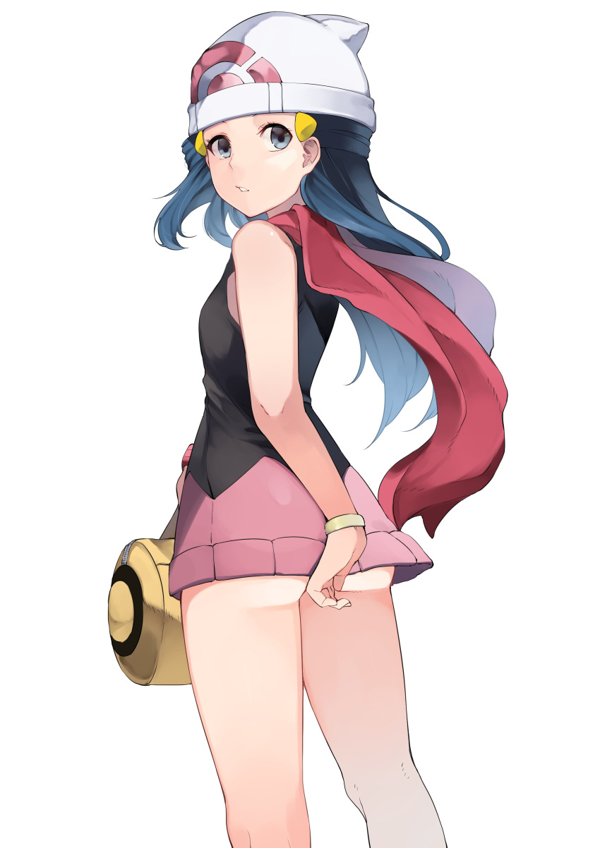 1girl absurdres ass bag bangs bare_arms beanie blue_eyes blue_hair blush breasts covering covering_ass hat highres hikari_(pokemon) kurutsuki long_hair looking_at_viewer miniskirt parted_bangs pink_skirt pokemon pokemon_(game) pokemon_dppt red_scarf scarf simple_background skirt sleeveless small_breasts solo standing white_background