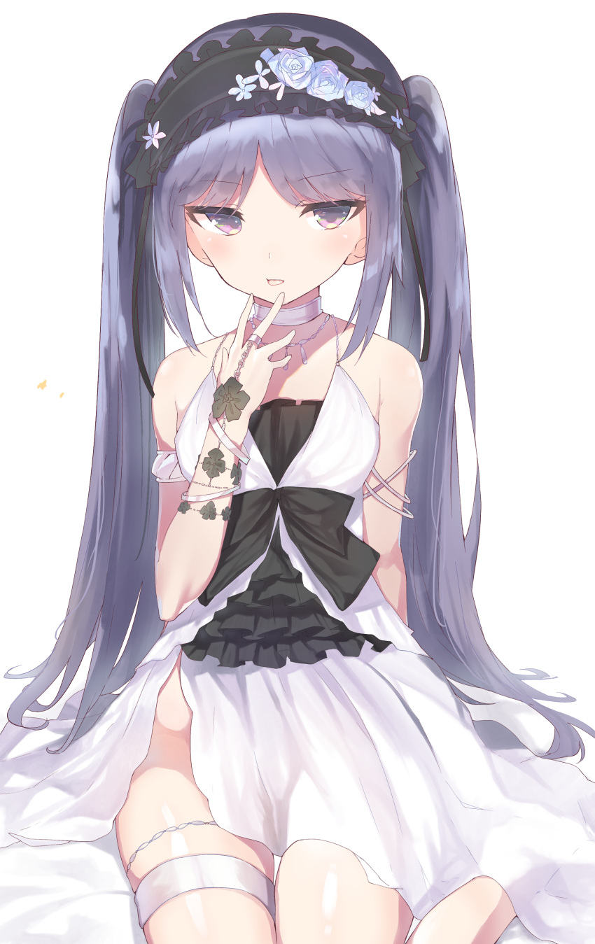 1girl absurdres bangs bare_shoulders bed_sheet black_bow black_hairband bow commentary_request dress euryale eyebrows_visible_through_hair fate/hollow_ataraxia fate_(series) flower frilled_hairband hairband hand_to_own_mouth highres kura_ekaki long_hair parted_lips purple_hair sitting sleeveless sleeveless_dress solo twintails very_long_hair violet_eyes white_background white_dress white_flower