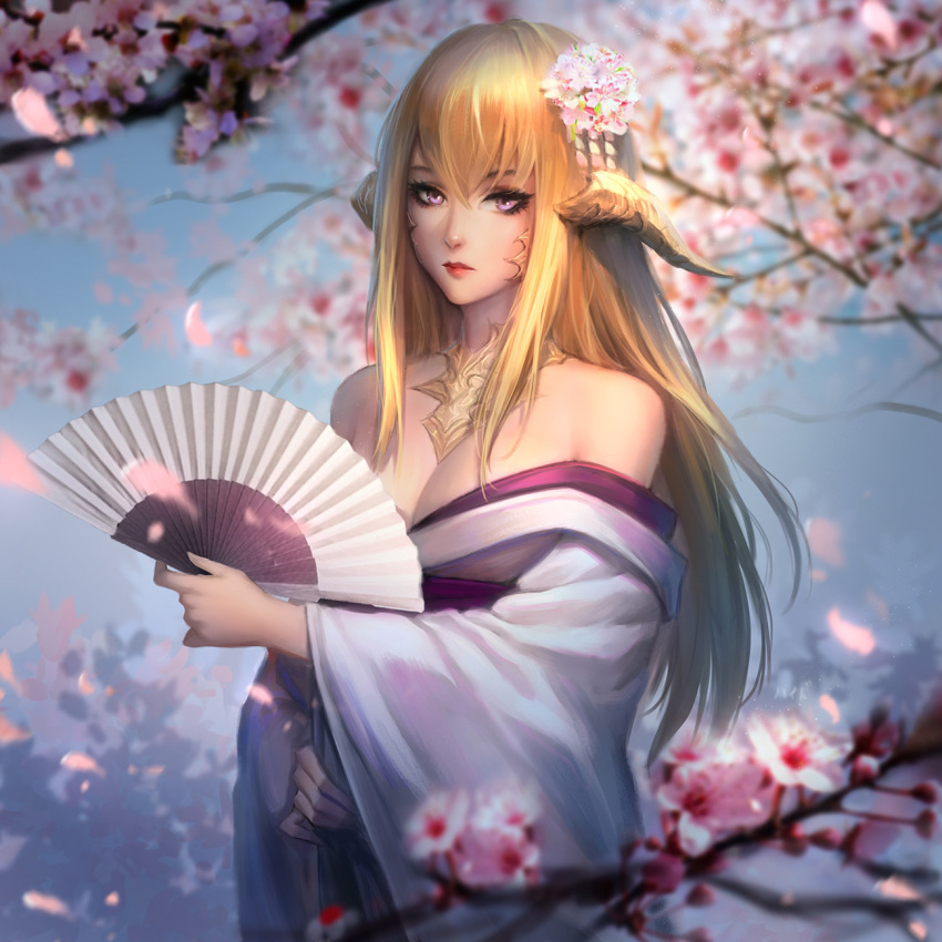 1girl au_ra bare_shoulders blonde_hair blurry blurry_background blurry_foreground breasts cherry_blossoms cleavage closed_mouth commission dragon_horns fan final_fantasy final_fantasy_xiv hair_ornament highres horns japanese_clothes kimono large_breasts lips long_hair looking_at_viewer nguyen_uy_vu off_shoulder outdoors petals portrait scales solo standing upper_body violet_eyes