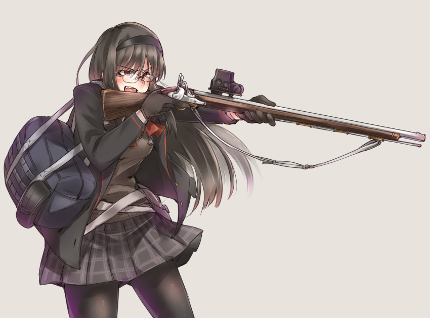 1girl ayyh bag black_hair fang glasses gloves gun hairband highres holding holding_gun holding_weapon musket open_mouth orange_eyes original pantyhose school_bag school_uniform simple_background solo trigger_discipline weapon