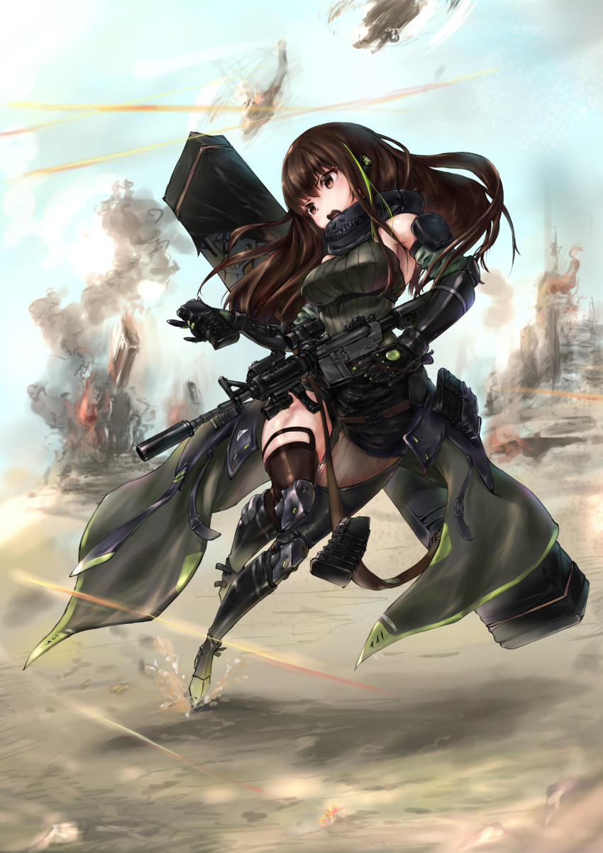 1girl absurdres action arm_strap armor armpits assault_rifle asymmetrical_legwear bangs blue_sky brown_eyes brown_hair case clothes_around_waist collarbone detached_sleeves digi-mind_update_(girls_frontline) dust elbow_pads explosion eyebrows_visible_through_hair floating_hair full_body gauntlets girls_frontline gloves gun hair_between_eyes headset highres holding holding_gun holding_weapon jacket_around_waist light_particles long_hair looking_back m4_carbine m4a1_(girls_frontline) mid-stride multicolored_hair open_mouth outdoors reloading ribbed_sweater rifle running scarf scope sidelocks signature sky smoke solo strap streaked_hair sweater sweater_vest torn_jacket tracer_bullets two-tone_hair upper weapon weapon_case wind wind_lift