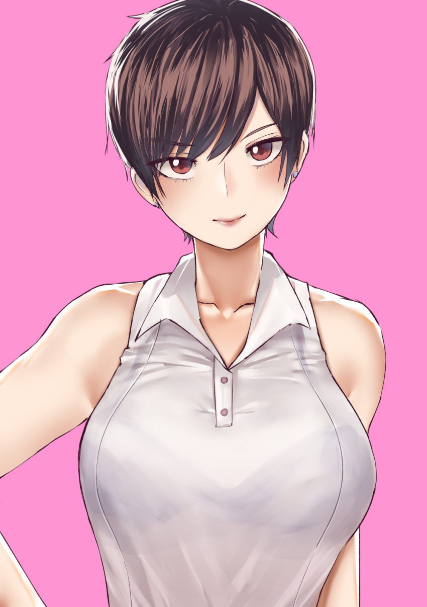 1girl bangs bare_shoulders black_bra bra breasts brown_eyes brown_hair buttons closed_mouth collarbone collared_shirt earrings eyebrows_visible_through_hair hair_between_eyes hand_on_hip head_tilt highres jewelry large_breasts looking_at_viewer norman_maggot ol-chan_(norman_maggot) original partially_unbuttoned pink_background see-through shirt short_hair simple_background sleeveless sleeveless_shirt smile solo stud_earrings swept_bangs tsurime underwear upper_body very_short_hair white_shirt