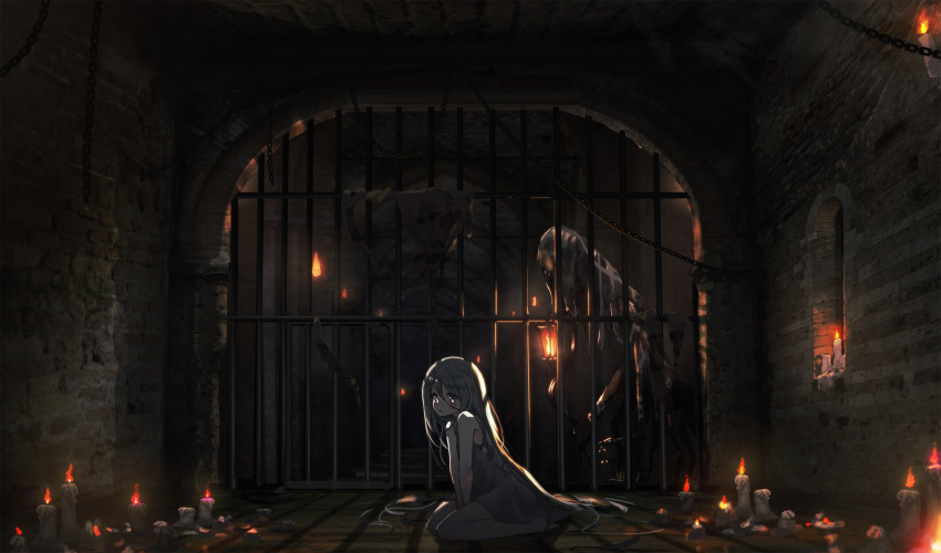 1girl blush candle chains commentary_request dark fire highres indoors lantern long_hair looking_at_viewer monster multiple_legs oota_youjo original prison seiza sitting very_long_hair