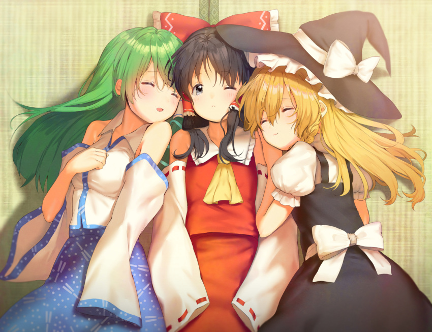 3girls :c ascot black_hair blonde_hair blush braid detached_sleeves eyebrows_visible_through_hair green_hair grey_eyes hair_tubes hakurei_reimu hat kirisame_marisa kiyosato0928 kochiya_sanae looking_at_viewer lying lying_on_another multiple_girls on_back one_eye_closed open_mouth sleeping sleeves_past_wrists touhou wing_collar witch_hat