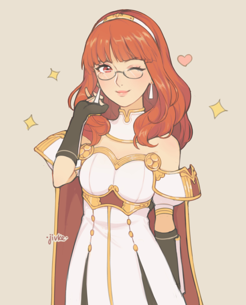 1girl armor cape celica_(fire_emblem) dress fingerless_gloves fire_emblem fire_emblem_echoes:_mou_hitori_no_eiyuuou fire_emblem_heroes glasses gloves highres jewelry jivke long_hair red_eyes redhead smile solo tiara