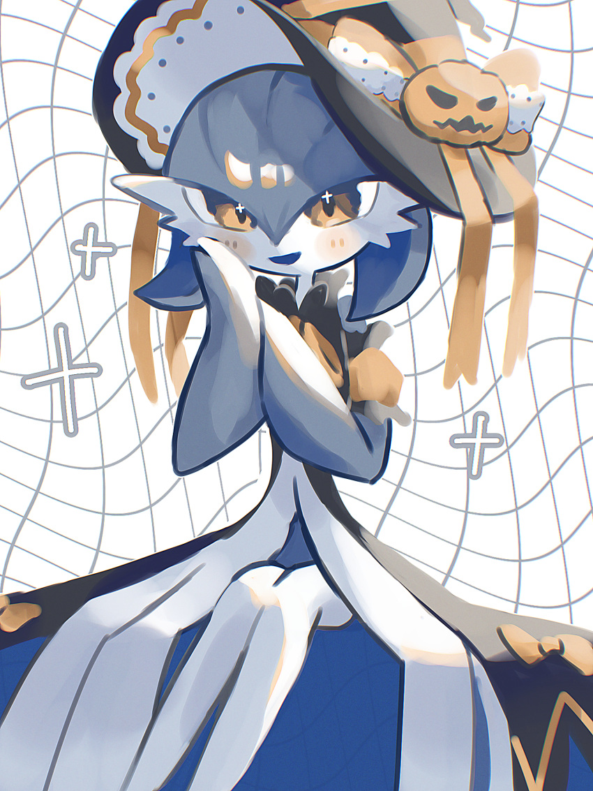 1girl alternate_color black_cloak black_headwear blue_hair blue_skin blush bob_cut bow cloak clothed_pokemon colored_skin commentary_request cross detached_sleeves gardevoir gardevoir_(halloween) hair_between_eyes halloween hands_up happy hat hat_bow hat_ribbon highres latin_cross legs_together looking_at_viewer mame_(pixiv_57985908) multicolored_skin open_mouth orange_bow orange_eyes orange_ribbon orange_sleeves own_hands_together partial_commentary pokemon pokemon_(creature) pokemon_cafe_mix puffy_short_sleeves puffy_sleeves ribbon shiny_pokemon short_hair short_sleeves sitting smile solo two-tone_skin white_background white_skin witch_hat