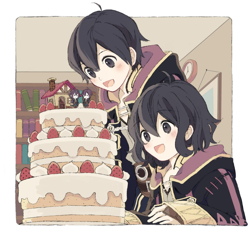 1boy 1girl ahoge artist_request black_hair blush cake dual_persona fire_emblem fire_emblem:_kakusei fire_emblem_heroes food gloves highres hood hooded_jacket jacket long_hair mark_(fire_emblem) open_mouth short_hair smile