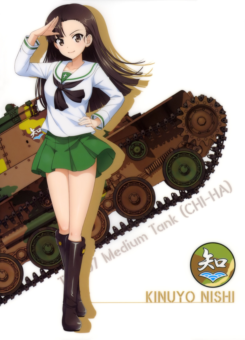 1girl absurdres asymmetrical_bangs bangs black_neckwear boots brown_eyes brown_footwear brown_hair character_name floating_hair full_body girls_und_panzer ground_vehicle hand_on_hip highres knee_boots long_hair looking_at_viewer military military_vehicle miniskirt motor_vehicle neckerchief nishi_kinuyo ooarai_school_uniform pleated_skirt shiny shiny_hair shirt simple_background skirt smile solo tank uniform white_background white_shirt