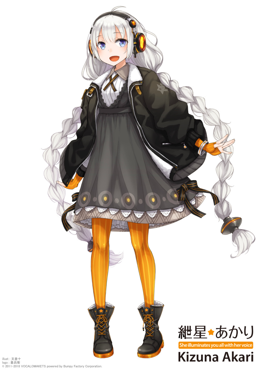 1girl :d ahoge artist_name ayakura_juu bangs black_coat black_footwear blue_eyes boots bracelet braid character_name coat dress english fingerless_gloves full_body gloves hair_ornament headset highres jewelry kizuna_akari lace lace-trimmed_dress lace_trim long_hair long_sleeves looking_at_viewer mary_janes official_art open_mouth orange_gloves orange_legwear pantyhose shoes simple_background smile solo standing star star_print striped striped_legwear twin_braids twintails vertical-striped_legwear vertical_stripes very_long_hair voiceroid watermark white_background white_hair wing_collar