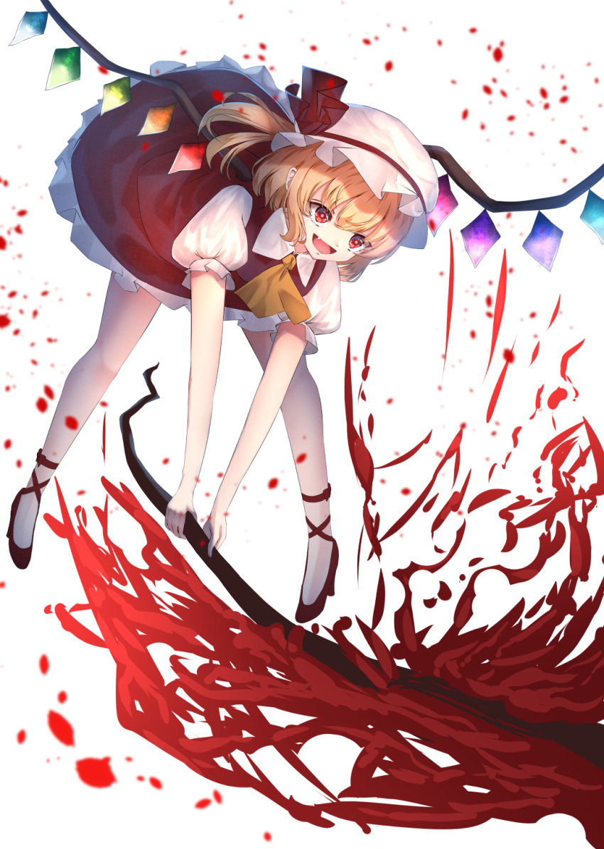 1girl ascot blonde_hair bow cacao_devil commentary_request crystal flandre_scarlet hat hat_bow hat_ribbon highres holding laevatein mob_cap open_mouth puffy_short_sleeves puffy_sleeves red_eyes red_skirt red_vest ribbon shirt short_hair short_sleeves skirt skirt_set touhou vest white_shirt wings yellow_neckwear