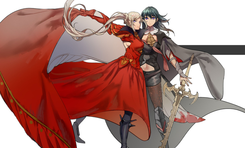 2girls armor bangs blonde_hair blue_eyes blue_hair blunt_bangs breasts byleth_(fire_emblem) byleth_eisner_(female) cape chocolate_(jitong) closed_mouth edelgard_von_hresvelg fire_emblem fire_emblem:_three_houses gloves hair_ornament highres long_hair looking_at_viewer medium_hair multiple_girls pantyhose ponytail short_hair side_ponytail simple_background sword uniform upper_body weapon white_background