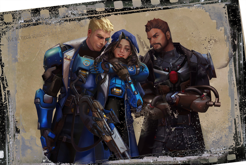 1girl 2boys ana_(overwatch) beret black_eyes black_hair blizzard_(company) blonde_hair blue_eyes brown_hair cowboy_shot crossed_arms dark_skin facial_hair facial_mark facial_tattoo gun hat highres holding holding_weapon hug long_hair looking_at_another looking_at_viewer mask multiple_boys overwatch parted_lips photo_(object) power_armor reaper_(overwatch) rifle short_hair smile sniper_rifle soldier:_76_(overwatch) standing tattoo teeth vikiye visor weapon younger