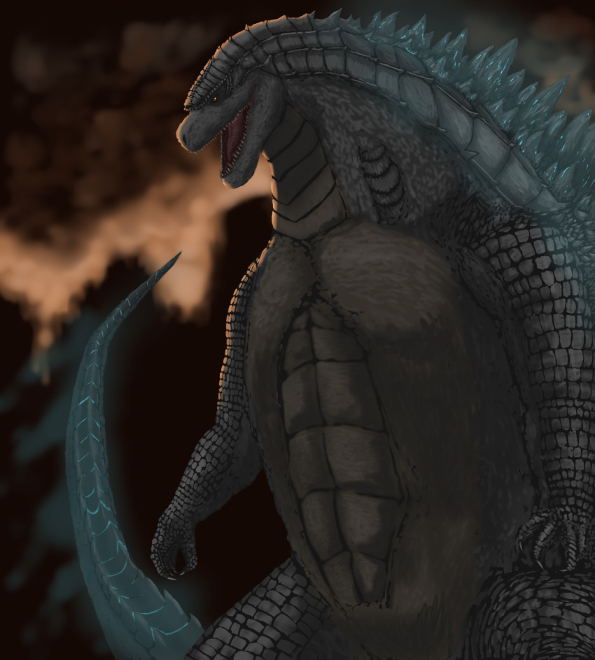 building city glowing godzilla godzilla_(series) highres kaijuu long_hair monster no_humans open_mouth pikpik0109 sharp_teeth solo tail teeth